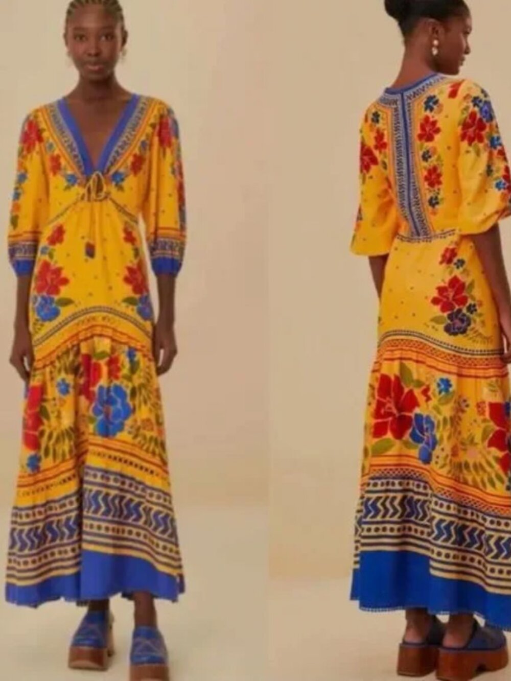 NEW! FARM RIO Yellow Floral Yard Lenzing Ecovero Euroflax Maxi Dress Size M 8 10